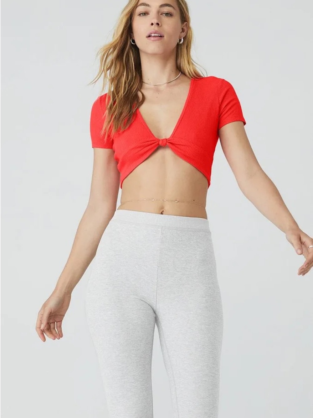 Alo ribbed knotty short sleeve Pilates top in red hot summer size small